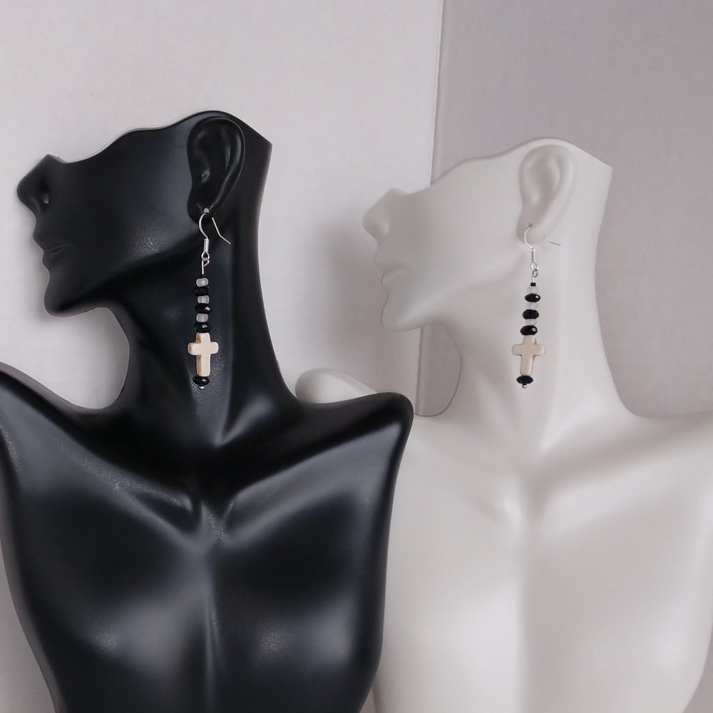 Handmade Earrings with White Stone Crosses and Black & White Beads 2.25 Inch NWT - Picture 10 of 16